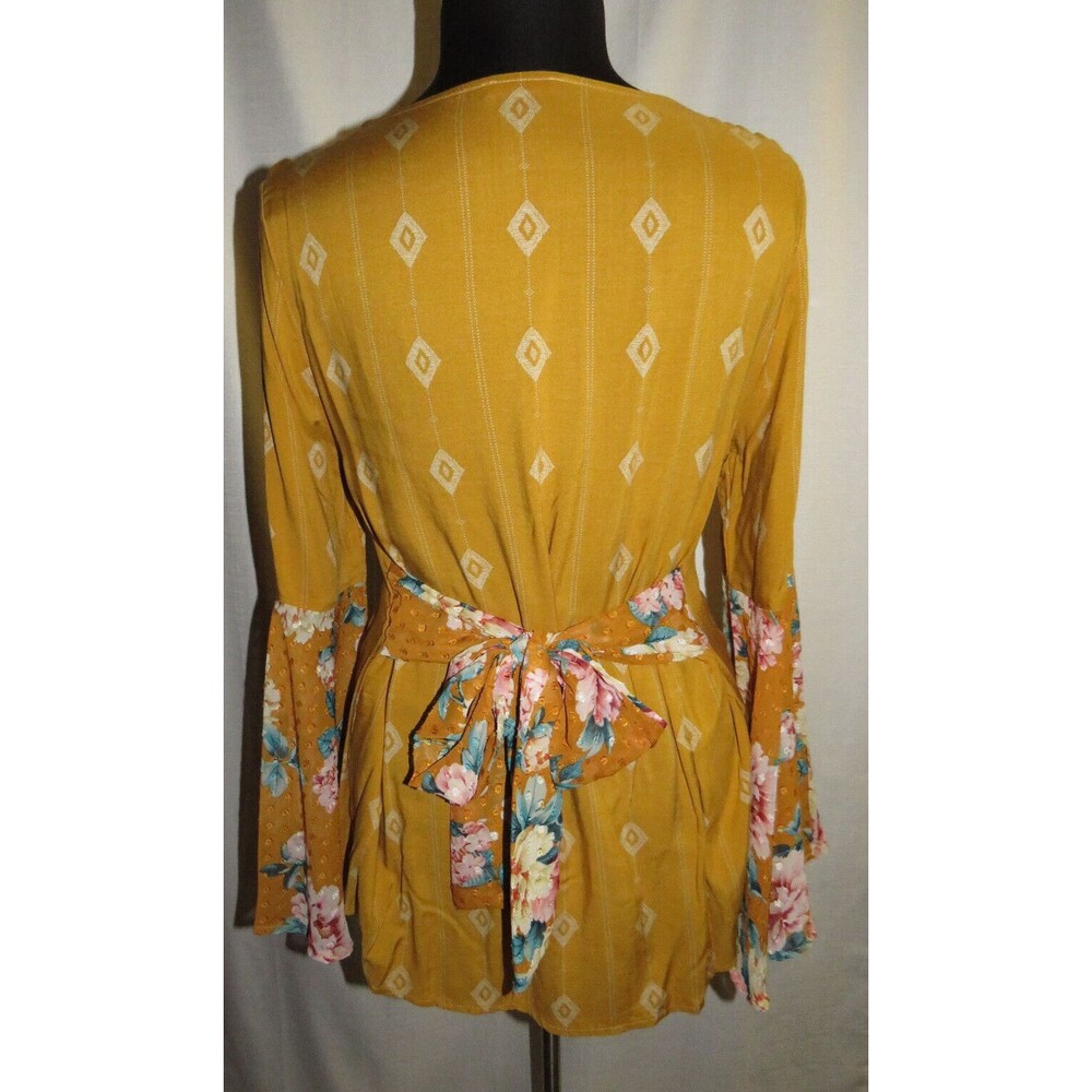 Mustard Geo Print Floral Challis Bell Sleeve Boho Blouse Plus Size 1X 14-16 - Picture 5 of 14